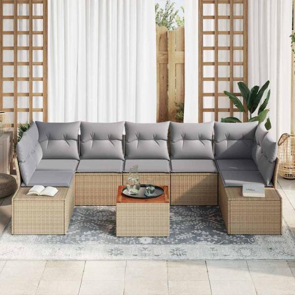 8-teiliges Garten-Sofaset mit Kissen Beige Poly-Rattan Akazie
