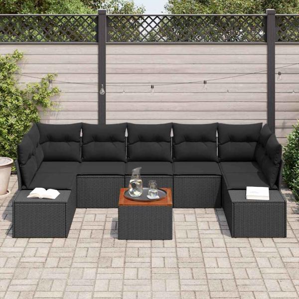 8-teilige Garten Sofa Set mit Kissen Schwarz Poly Rattan Akazie