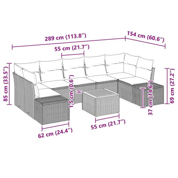 8-teilige Garten Sofa Set mit Kissen Schwarz Poly Rattan Akazie