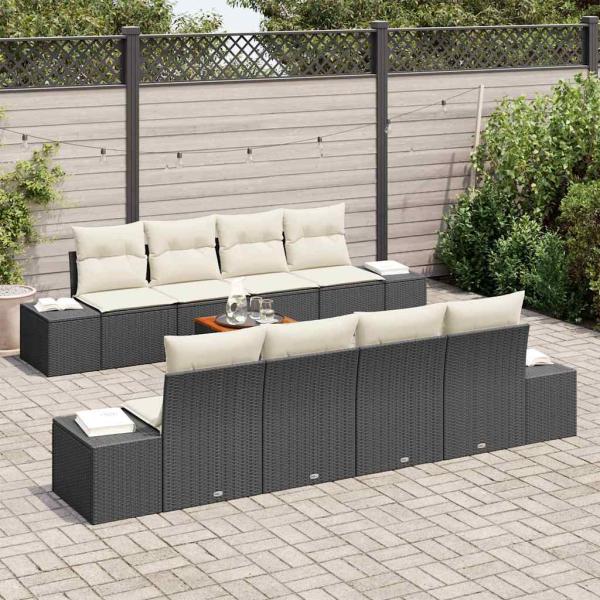 9-teiliges Garten-Sofa-Set mit Kissen Schwarz Poly Rattan Akazie