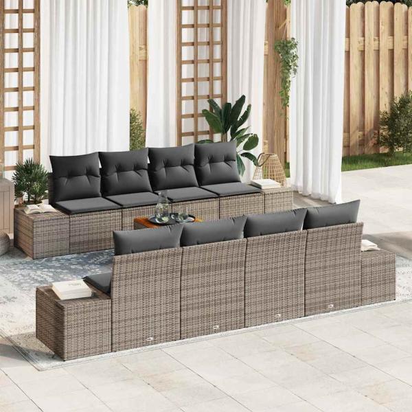 ARDEBO.de - 9-teilige Garten Sofa Set mit Kissen Grau Poly Rattan Akazie