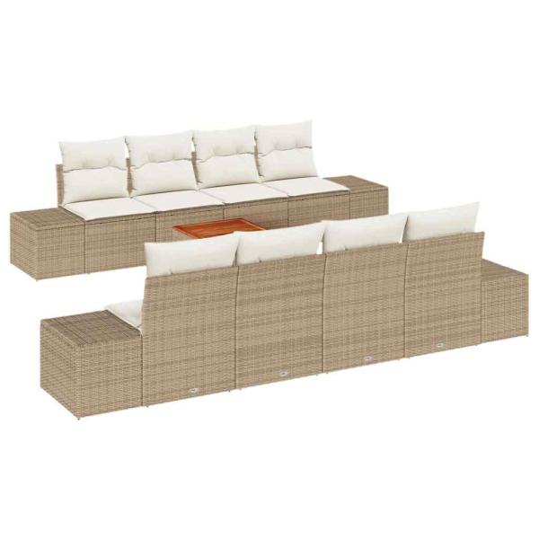 9-teiliges Garten Sofa Set mit Kissen Beige Poly Rattan Akazienholz