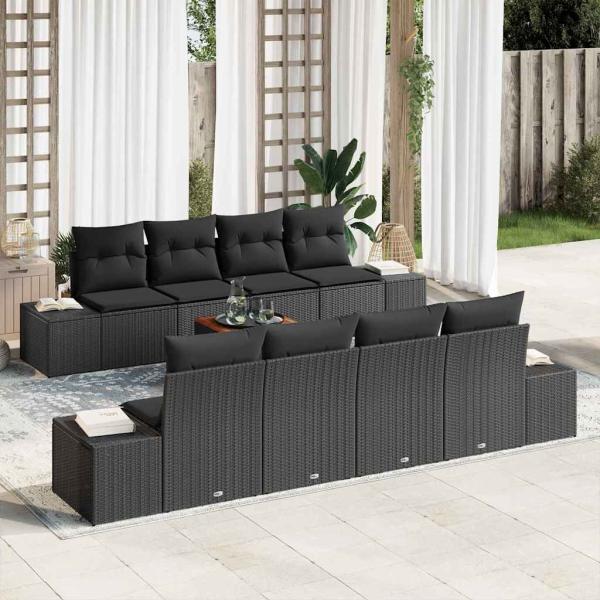 ARDEBO.de - 9-teiliges Garten-Sofaset mit Kissen Schwarz Poly-Rattan Akazie