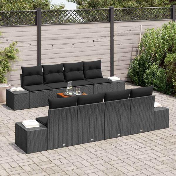 9-teiliges Garten-Sofaset mit Kissen Schwarz Poly-Rattan Akazie