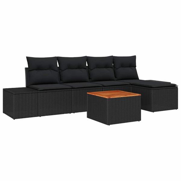 6-teiliges Garten Sofa Set mit Kissen Schwarz Poly Rattan Akazie