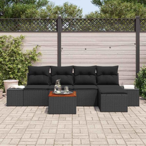 6-teiliges Garten Sofa Set mit Kissen Schwarz Poly Rattan Akazie