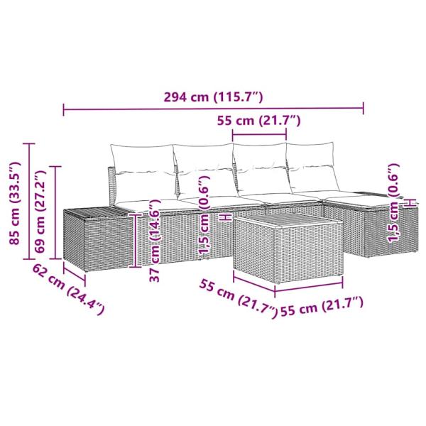 6-teiliges Garten Sofa Set mit Kissen Schwarz Poly Rattan Akazie