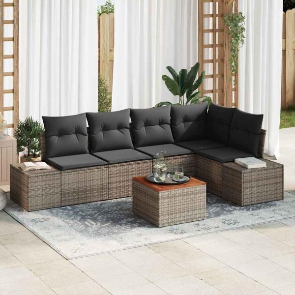 ARDEBO.de - 6-teiliges Garten Sofa Set mit Kissen Grau Poly-Rattan Akazie