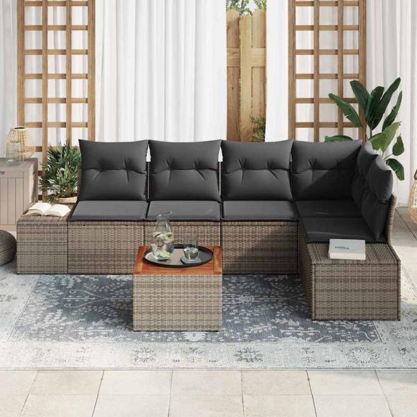 6-teiliges Garten Sofa Set mit Kissen Grau Poly-Rattan Akazie