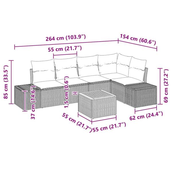6-teiliges Garten Sofa Set mit Kissen Grau Poly-Rattan Akazie