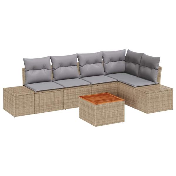 6-teiliges Garten Sofa Set mit Kissen Beige Poly Rattan Akazie