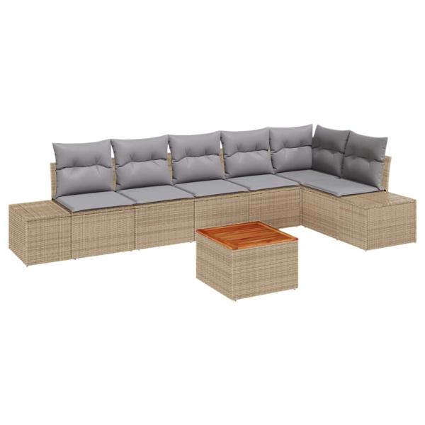 7-teiliges Garten Sofa Set mit Kissen Beige Poly Rattan Akazie