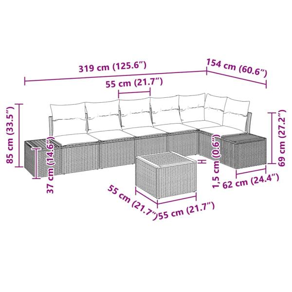 7-teiliges Garten Sofa Set mit Kissen Beige Poly Rattan Akazie