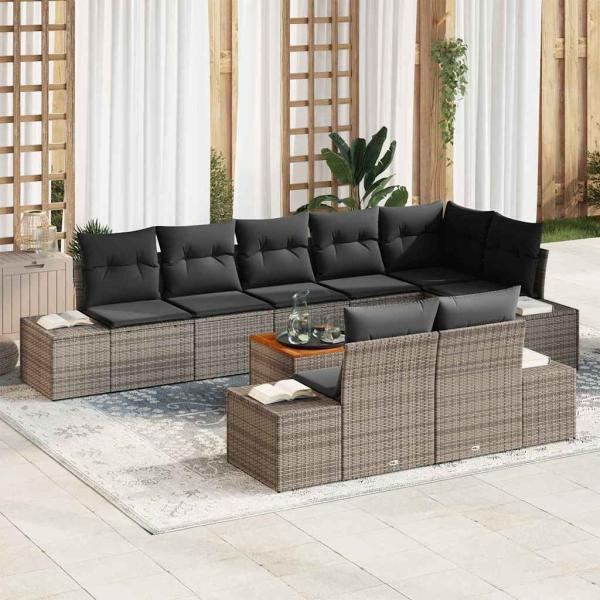 ARDEBO.de - 9-teiliges Garten-Sofa-Set mit Kissen Grau Poly-Rattan Akazie
