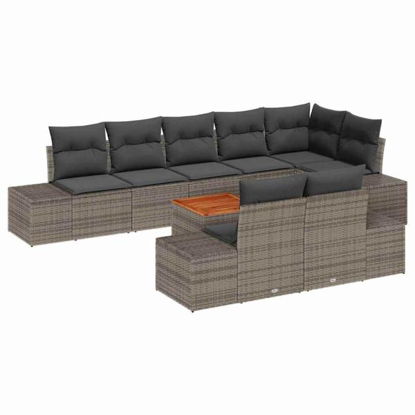 9-teiliges Garten-Sofa-Set mit Kissen Grau Poly-Rattan Akazie