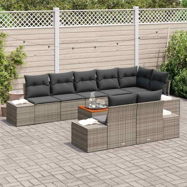 9-teiliges Garten-Sofa-Set mit Kissen Grau Poly-Rattan Akazie