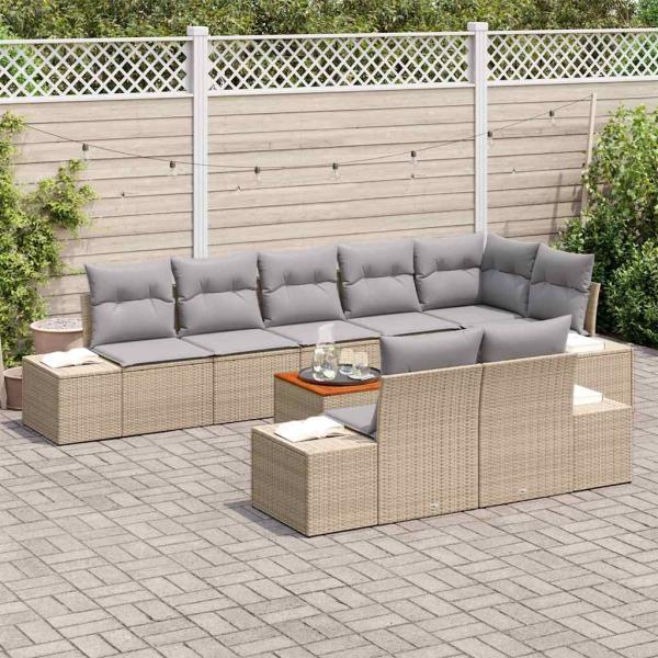 9-teiliges Garten-Sofa-Set mit Kissen Beige Poly-Rattan Akazie