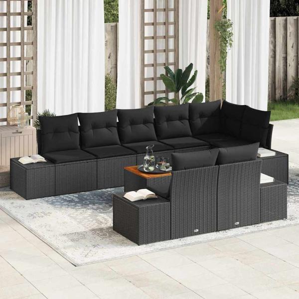 ARDEBO.de - 9-teiliges Garten-Sofa-Set mit Kissen Schwarz Poly-Rattan Akazie