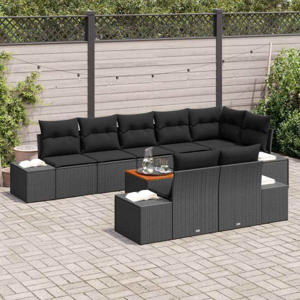 9-teiliges Garten-Sofa-Set mit Kissen Schwarz Poly-Rattan Akazie