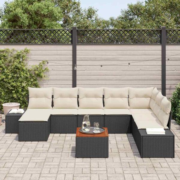 9-teiliges Garten-Sofa-Set mit Kissen Schwarz Poly-Rattan Akazie