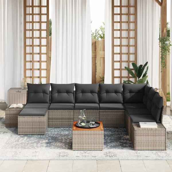 9-Teiliges Garten Sofa Set mit Kissen Grau Poly-Rattan Akazie