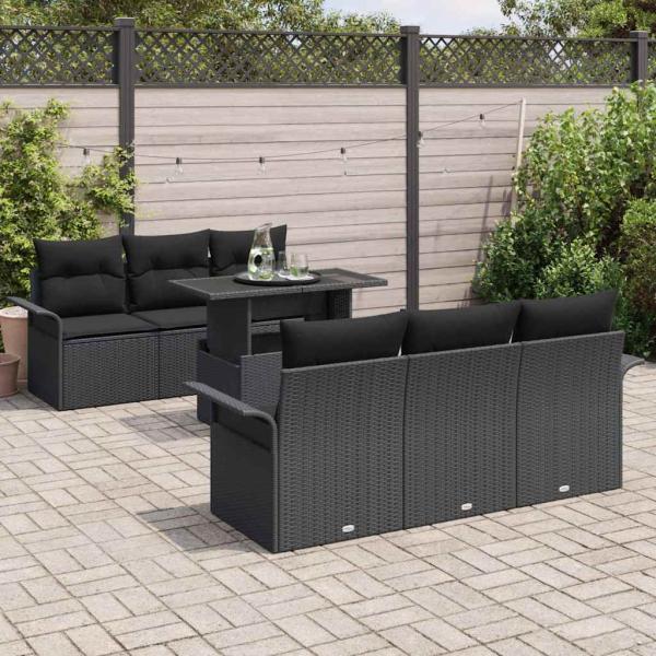 7-teiliges Garten-Sofa-Set mit Kissen Schwarz Poly Rattan