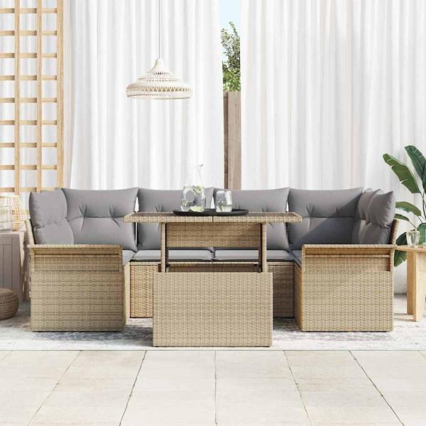 7-teiliges Gartensofa-Set mit Kissen Beige Poly Rattan
