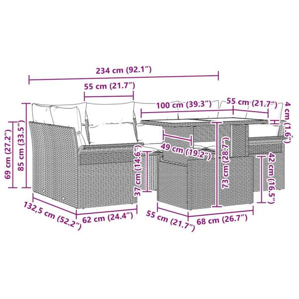 7-teiliges Garten Sofa Set mit Kissen in Hellgrau Poly Rattan