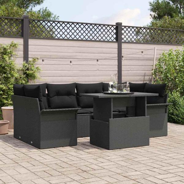ARDEBO.de - 7-teiliges Garten Sofa Set mit Kissen Schwarz Poly Rattan