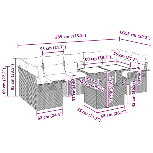 8-teiliges Garten Sofa Set mit Kissen Braun Poly Rattan
