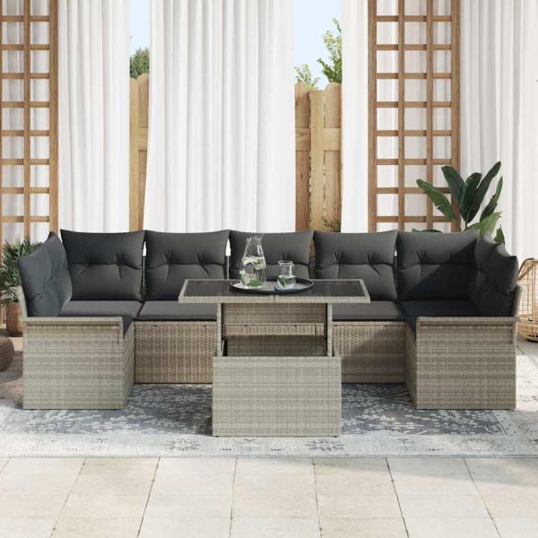 8-teiliges Garten-Sofa-Set mit Kissen hellgrau Poly-Rattan