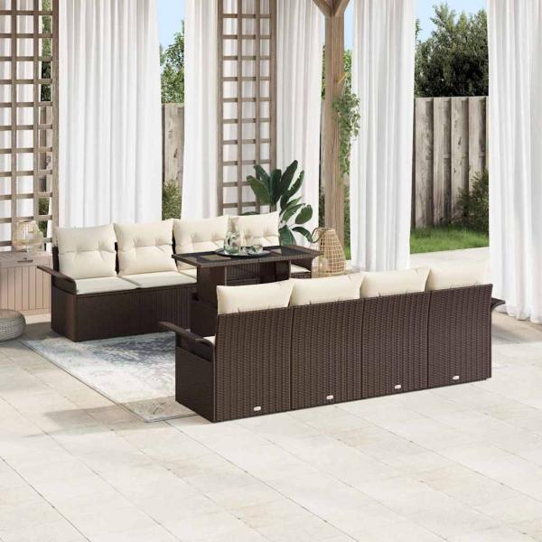 9-teiliges Garten Sofa Set mit Kissen Braun Poly Rattan