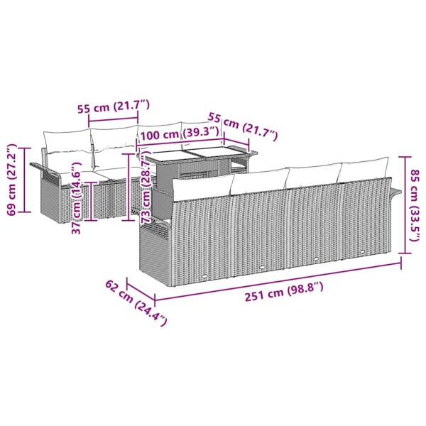 9-teiliges Garten Sofa Set mit Kissen Braun Poly Rattan