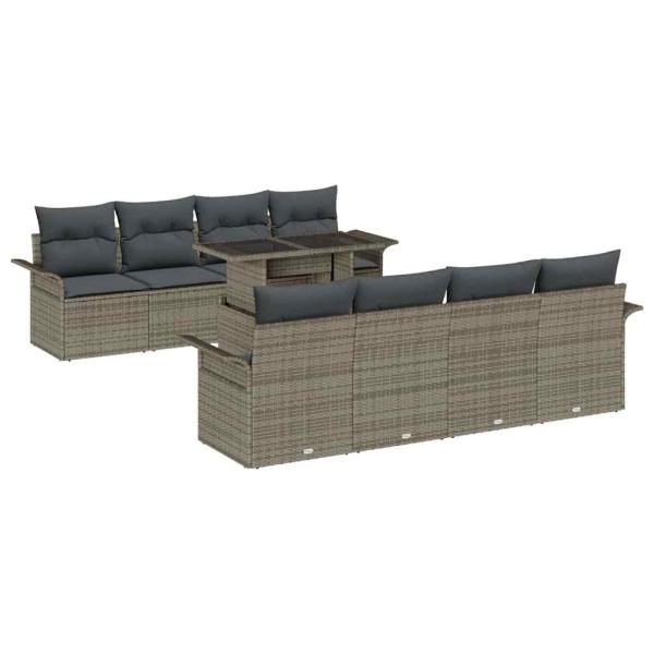 9-teiliges Garten Sofa Set mit Kissen Grau Poly Rattan