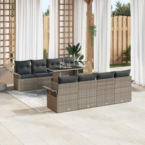 9-teiliges Garten Sofa Set mit Kissen Grau Poly Rattan