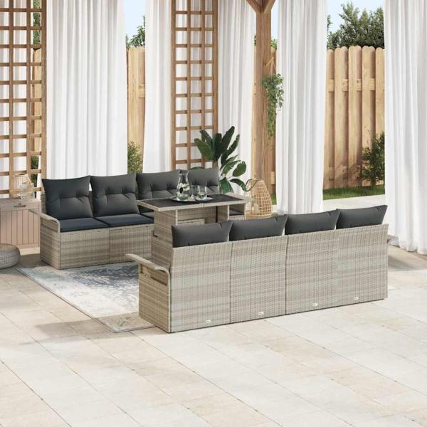 9-teiliges Garten-Sofa-Set mit Kissen in hellgrauem Poly-Rattan