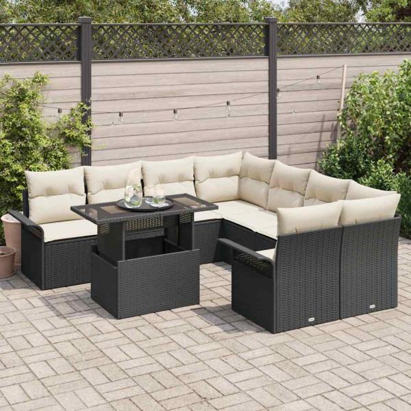 9-teiliges Garten-Sofa-Set mit Kissen schwarzes Poly-Rattan