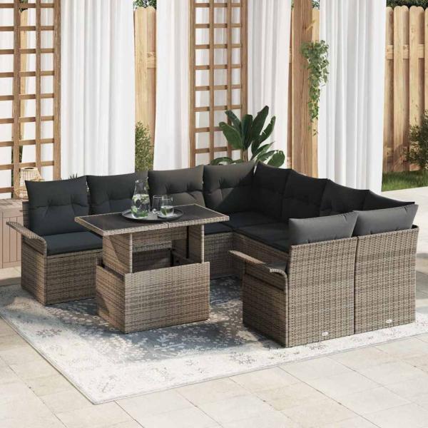 ARDEBO.de - 9-teiliges Garten Sofa Set mit Kissen Grau Poly-Rattan