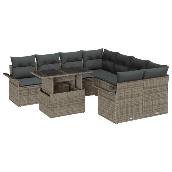 9-teiliges Garten Sofa Set mit Kissen Grau Poly-Rattan