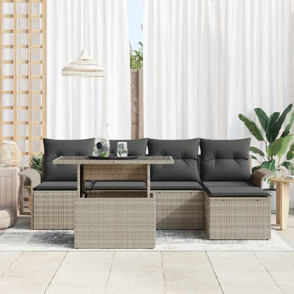 6-teiliges Garten Sofa Set mit Kissen in Hellgrauem Poly Rattan