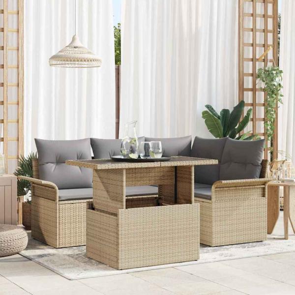 ARDEBO.de - 5-teiliges Garten Sofa Set mit Kissen Beige Poly Rattan