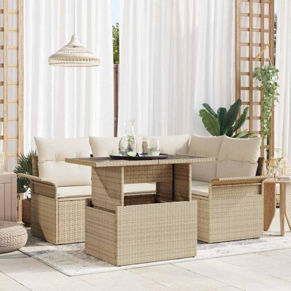 ARDEBO.de - 5-teiliges Garten-Sofa-Set mit Kissen Beige Poly-Rattan
