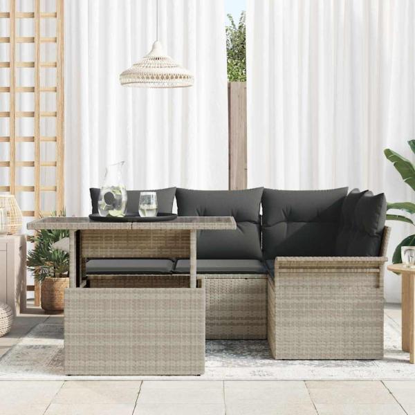 5-teiliges Garten-Sofa-Set mit Kissen hellgrau Poly-Rattan
