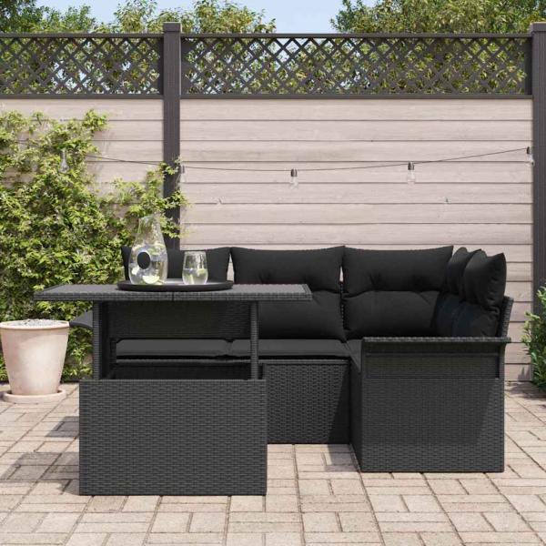 5-teiliges Garten Sofa Set mit Kissen Schwarz Poly Rattan