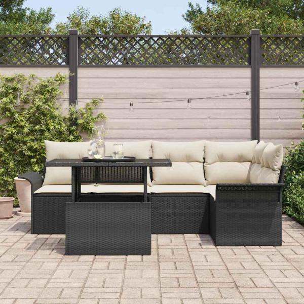 6-teiliges Garten-Sofa-Set mit Kissen Schwarz Poly Rattan