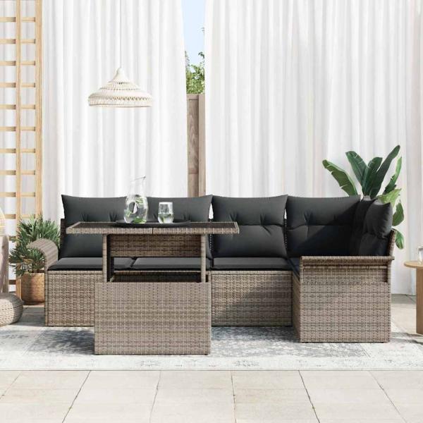 6 Teiliges Garten Sofa Set mit Kissen Grau Poly Rattan