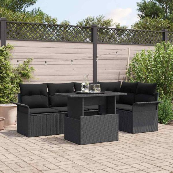ARDEBO.de - 6-teiliges Garten Sofa Set mit Kissen Schwarz Poly Rattan