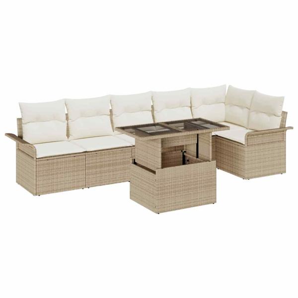 7-teiliges Garten-Sofa-Set mit Kissen Beige Poly Rattan