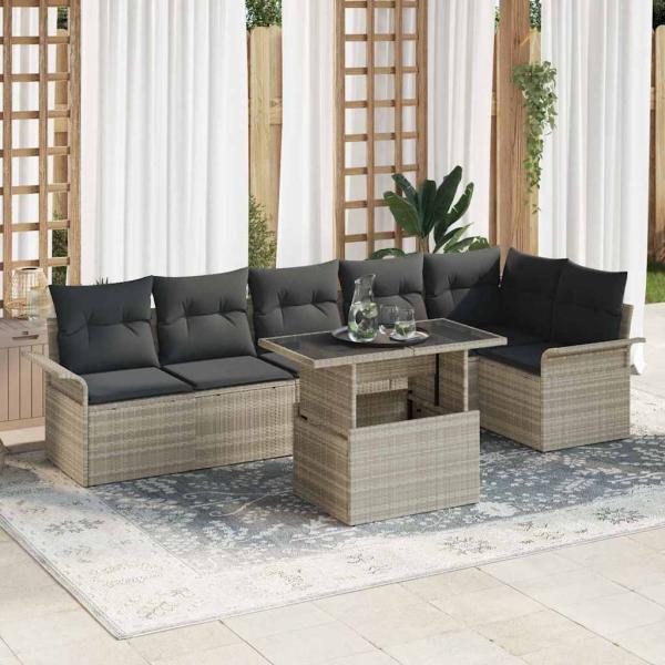 ARDEBO.de - 7-teiliges Garten Sofa Set mit Kissen in Hellgrau aus Poly Rattan