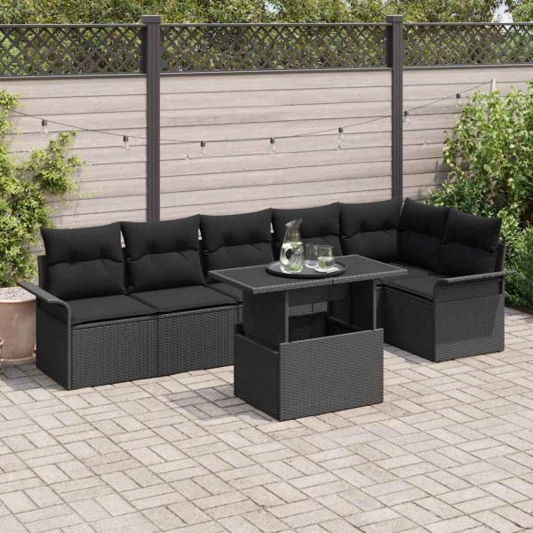 ARDEBO.de - 7-teiliges Garten Sofa Set mit Kissen Schwarz Poly Rattan